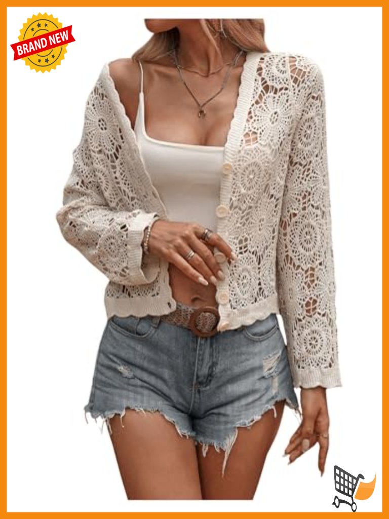 Crochet Hollow Out Button Front V Neck Long Sleeve Knit Crop Cardigan
